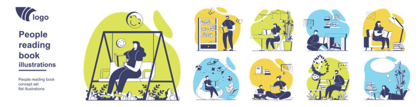 People reading book concept set for web design. Collection of scenes with reading lovers pastime with different literature, bookworms in bookshop, students study from textbooks. Vector illustration.