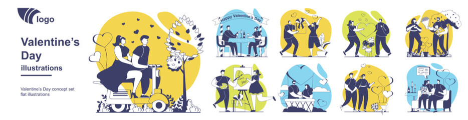 Valentine's Day concept set for web design. Collection with people celebrating romantic holiday, couples go on date, riding motorbike, girlfriend and boyfriend relationships. Vector illustration.