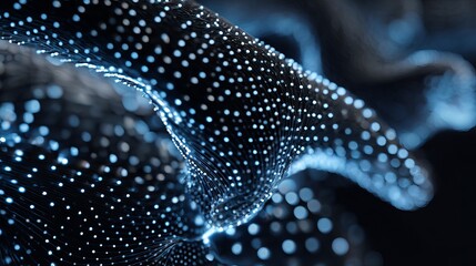 Stunning abstract digital network mesh with glowing blue particles, representing data flow, connectivity, and futuristic technology in a dark, dynamic background.