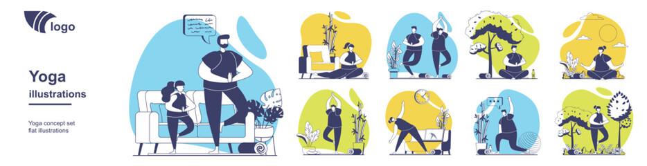 Yoga training concept set for web design. Collection with people doing yoga asanas, meditating in lotus posture, practicing with children at home, wellness and healthy lifestyle. Vector illustration.