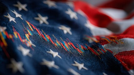 Dynamic American flag fabric overlaid with vibrant stock market trading charts symbolizing economic trends and financial growth opportunities
