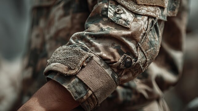Close up of a soldier's arm in detailed camouflage uniform, showing rugged texture and tactical velcro fasteners ready for action.