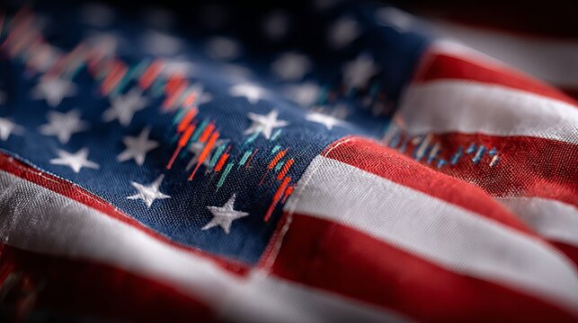 Dynamic American flag draped over vibrant stock market charts symbolizing economic growth and financial success in the United States.
