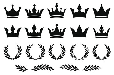 Naklejka premium Collection of black crown and laurel wreath silhouettes in various styles