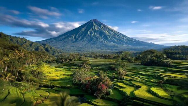 Majestic mountain landscape with lush green fields and cloudy sky