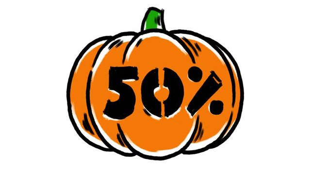 Horizontal 4K video. Jack Lantern. Loop animation with hand drawn line art orange pumpkin with face turn on white. 50%. Concept of sale, 31 october, halloween party, autumn holiday, 11 november, fall
