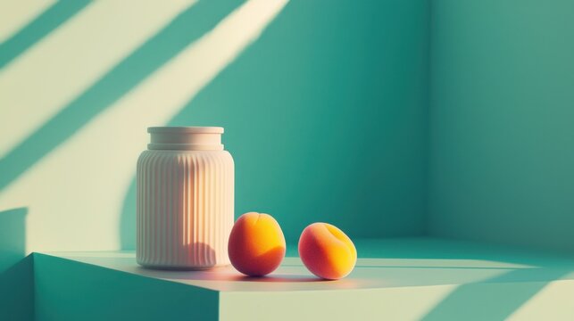 Beautiful still life composition with jar and apricots on a pastel background in soft morning light