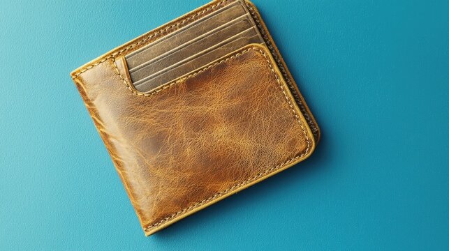 Brown leather wallet with card slots resting on a blue surface