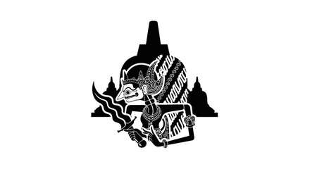 Shadow puppet performance art with a traditional kris and Borobudur temple view