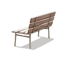 Watercolor vintage wooden bench located back with backrest, shade and snow isolated on white background. Hand drawn illustration sketch
