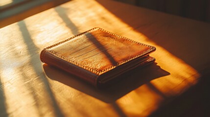 Brown leather wallet rests on a wooden table with sunlight casting shadows in a cozy room