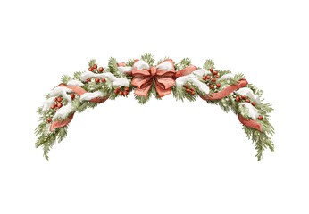 Watercolor vintage Christmas branches of coniferous trees frame border with garland of red ribbon, snow, berries and bow isolated on white background. Watercolor hand drawn illustration sketch
