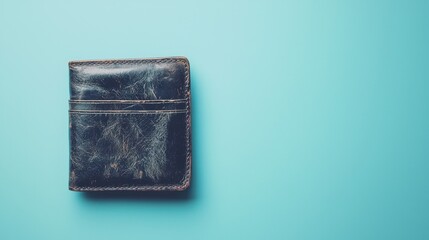 Stylish black leather wallet resting on a smooth turquoise background in bright light
