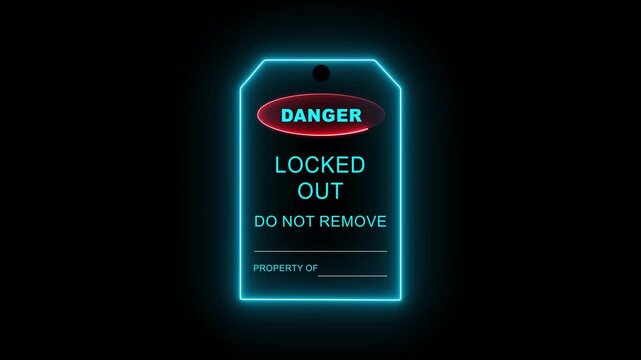 Locked out danger tag hangs on industrial machinery part emphasizing safety belts and caution in workplace environment. on neon line cord symbol animation. 4k