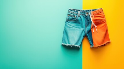 Colorful summer shorts laying on a bright background, perfect for warm weather fashion and style