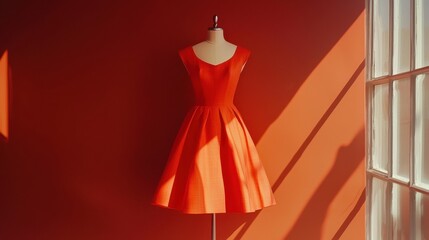Elegant orange dress displayed in bright room with natural light and vivid walls