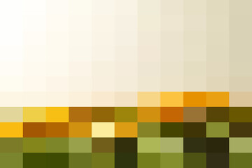 Abstract pixel art landscape with a gradient sky and a field of green and yellow squares, evoking a sense of nature and digital art