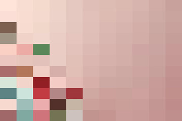 Abstract mosaic of pink, red, green, and blue squares creating a pixelated pattern with a soft gradient background, evoking a modern digital art feel