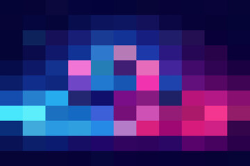 Abstract pixel art with vibrant blue and pink hues against a dark background, creating a retrofuturistic aesthetic
