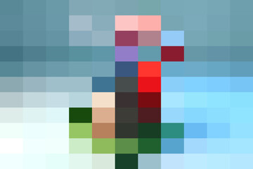 Pixelated abstract art with a vibrant central figure against a gradient sky, evoking a sense of digital expression and modern design