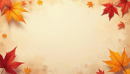 Vibrant red and orange autumn maple leaves frame light textured beige background. Fall foliage creates cozy seasonal border. Empty space is perfect for design, text, ads, invitations, greeting cards.