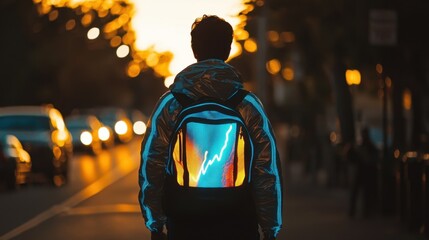 Person walks on street at sunset wearing reflective jacket and backpack with glowing design, surrounded by cars and vibrant city lights
