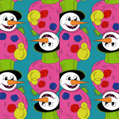 Naklejka premium Seamless pattern of cartoon snowmen colorful and whimsical perfect for festive backgrounds and textile designs