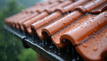 Close photo of terracotta roof tiles during rainfall. Water droplets accumulate on the surface creating interesting pattern. Rain falls over the roof structure with a green background.