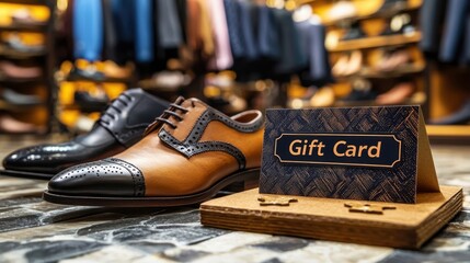 Elegant shoes and gift card on display in a stylish shoe store during a vibrant shopping day