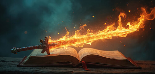 Ancient open Bible on rustic wood. Burning sword rests on pages. Blade glows with bright orange flames, radiating powerful light, spiritual truth from scripture. Divine word, wisdom, strength,