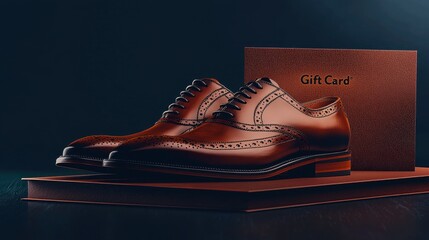 Stylish brown leather dress shoes displayed on a gift box with a gift card in a dimly lit setting