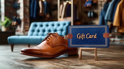 Stylish leather shoe displayed next to a gift card in a modern retail shop setting