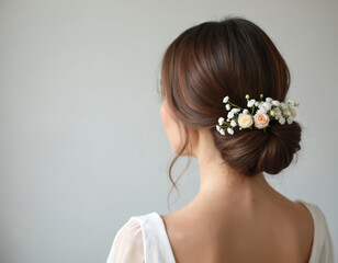 Young bride hairstyle low bun decorated with small roses and gypsophila. Elegant wedding hair accessory for event. Feminine bridal look with floral details.