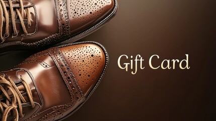 Elegant brown dress shoes near a gift card on a dark background in a stylish setting