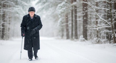 An elderly man with a walking cane walks on a snowy road through a winter forest. Senior person braving the cold weather during a snowfall. Copy space for text