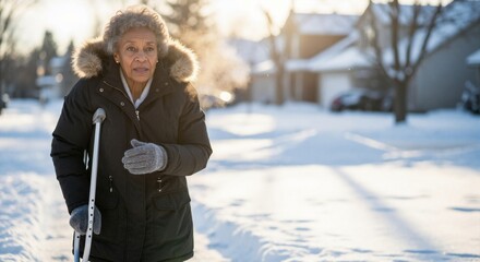 Senior african american woman with a crutch walking on a snowy street. Elderly person navigating cold winter weather. Mobility and aging concept with copy space