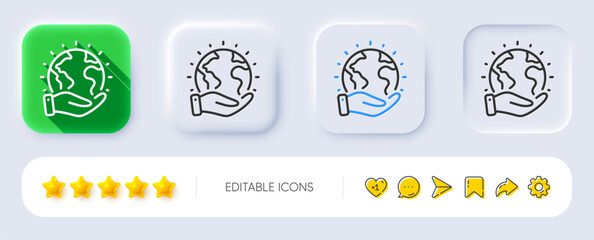 Save planet line icon. Neumorphic, Flat shadow, 3d buttons. Earth environment sign. Green ecology symbol. Line save planet icon. Social media icons. Vector