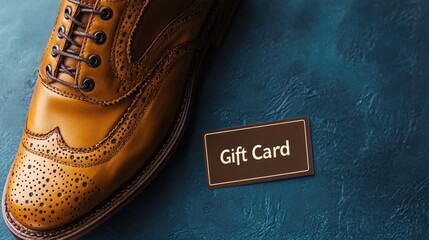 Stylish brown dress shoe next to a gift card on a dark blue surface
