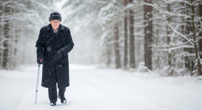 An elderly man with a walking cane walks on a snowy road through a winter forest. Senior person braving the cold weather during a snowfall. Copy space for text