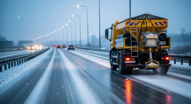 A salt spreader truck de-icing a highway during a winter snowstorm. Gritter vehicle working on a slippery road for traffic safety. Winter road maintenance concept