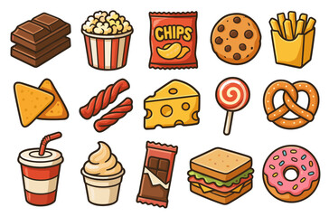 Assorted cartoon snacks with chips, chocolate, and pretzel on white background