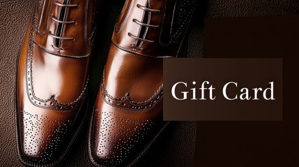 Stylish brown leather shoes displayed with a gift card alongside on a textured surface