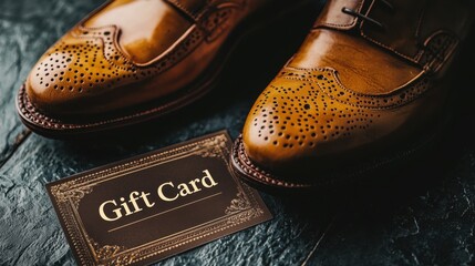 Elegant brown dress shoes next to a gift card on a textured surface during a stylish display setup
