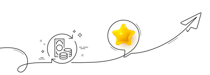 Change money line icon. Continuous line with share plane. Currency exchange sign. Transfer payment symbol. 3d star in speech bubble. Change money single line ribbon. Loop curve pattern. Vector