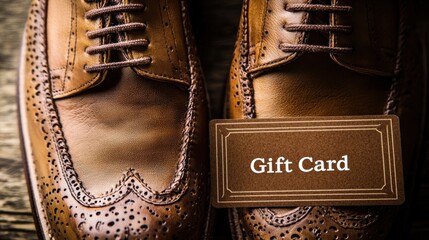 Elegant brown shoes and a gift card placed on a wooden surface, showcasing a classic style for special occasions