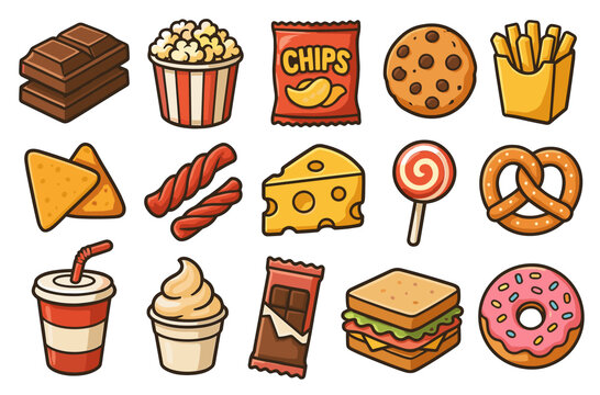 Assorted cartoon snacks with chips, chocolate, and pretzel on white background