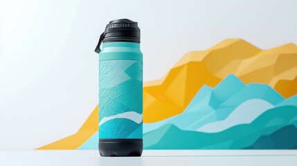 Colorful water bottle with geometric design against a vibrant mountain backdrop in a bright indoor setting