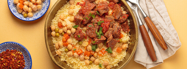 Traditional dish of Maghreb cuisine, a Moroccan couscous with lamb or beef, vegetables, chickpeas, and peas in a rustic bowl with cutlery on yellow background