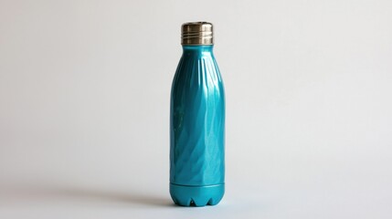 Metallic blue water bottle stands upright on a plain background for practical hydration needs