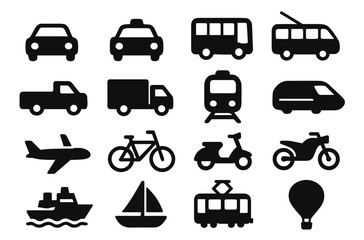 Obraz premium Icon set of various transportation modes: car, bike, train, plane, ship, balloon